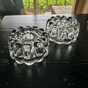 SET/2, CLEAR, LEAD CRYSTAL CANDLE HOLDERS. HEAVY, ROUND, SCALLOPED HOLDERS